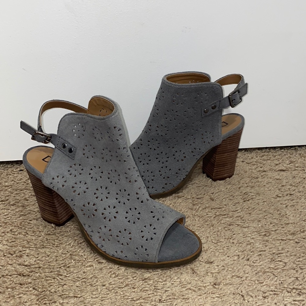 Grey open toe booties